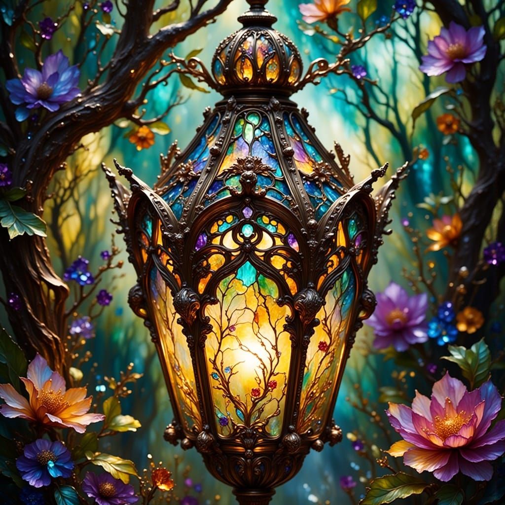 Gorgeous Stained-Glass Lantern in Fantasy Ink Style