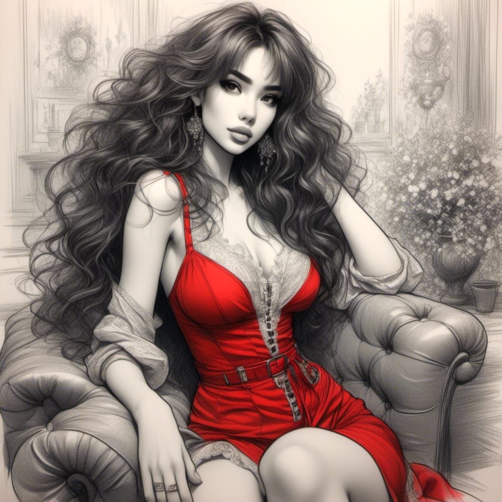 Anime Bad Girl in Red Dress Sketch
