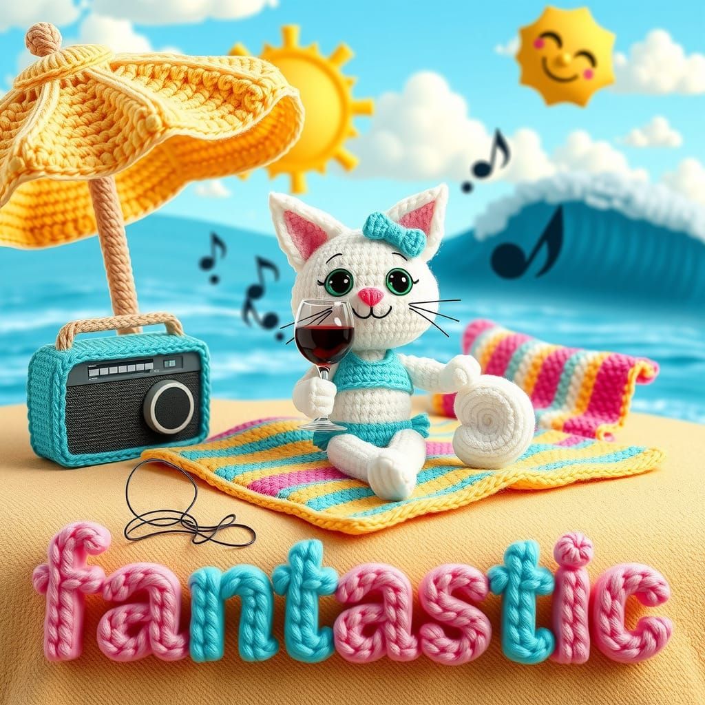 Charming Crocheted Cat Relaxing on Vibrant Beach