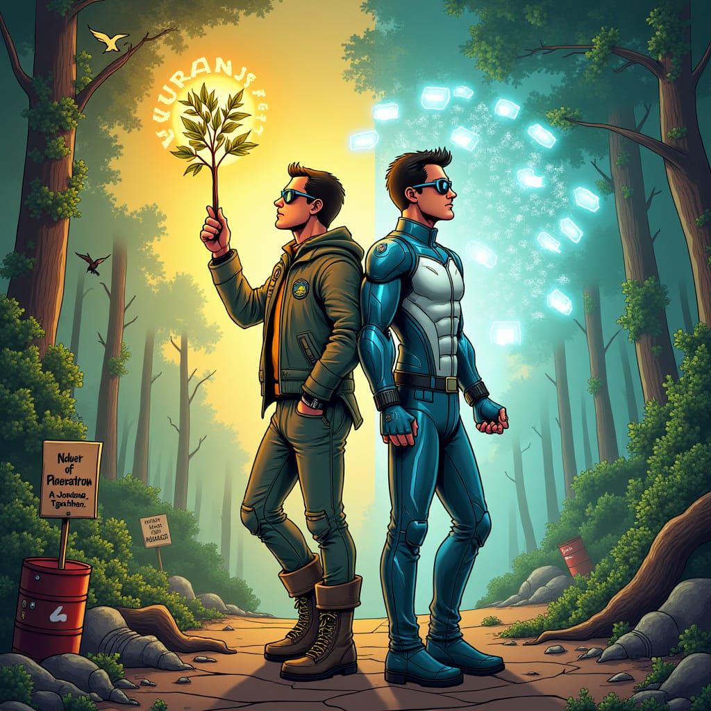 Guardians of Growth: Nature and Technology Comic Illustratio...