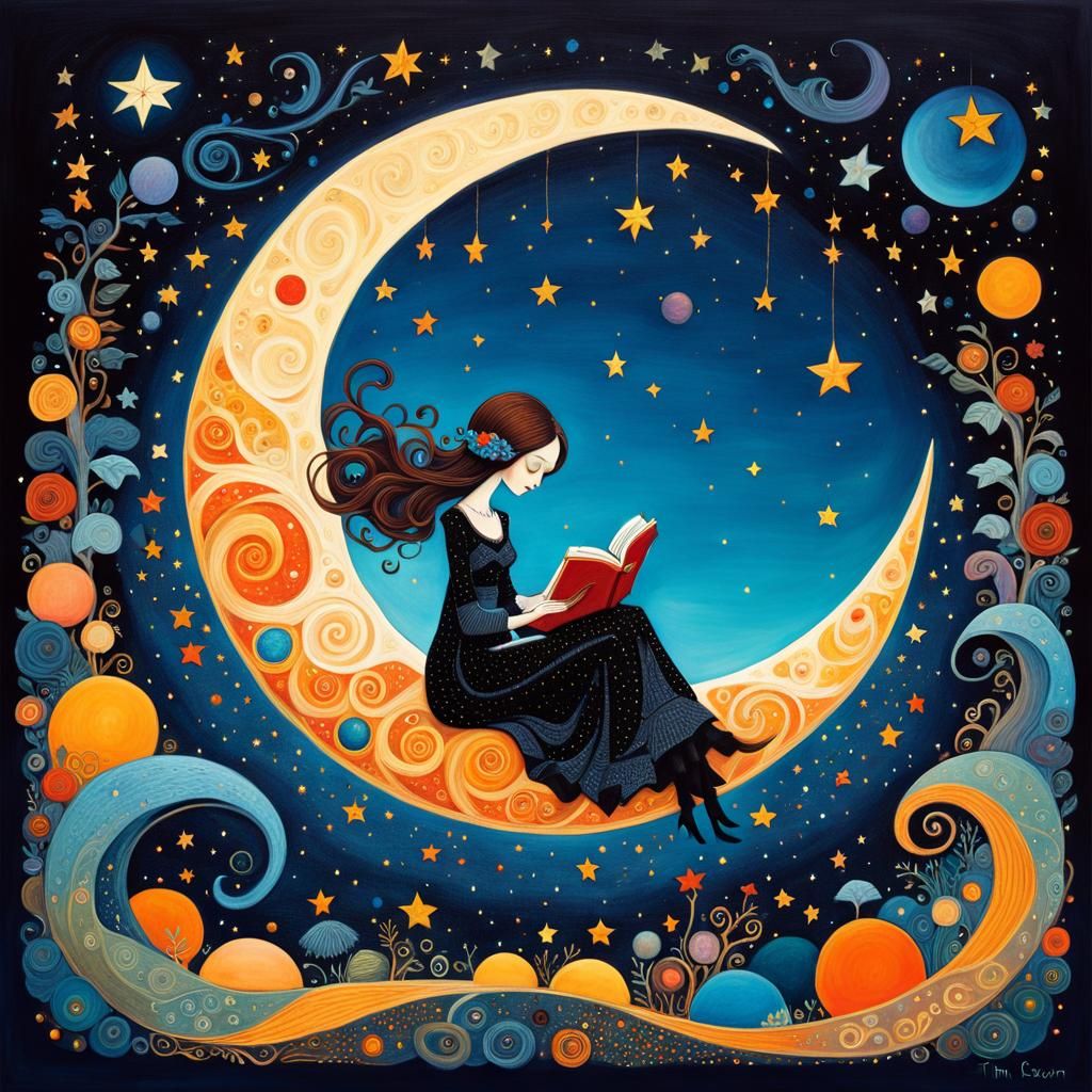 Girl Reading on Moon in Psychedelic Folk Art Style