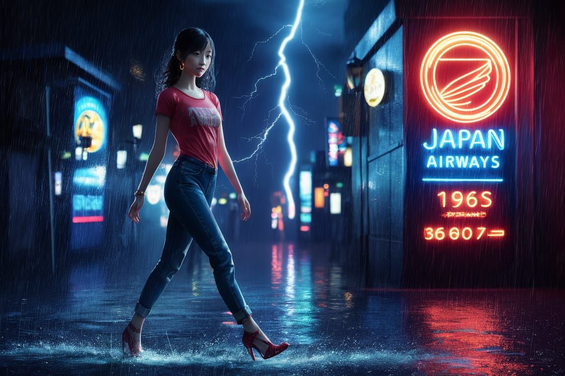 Rainy Tokyo Night Scene with Woman in Red
