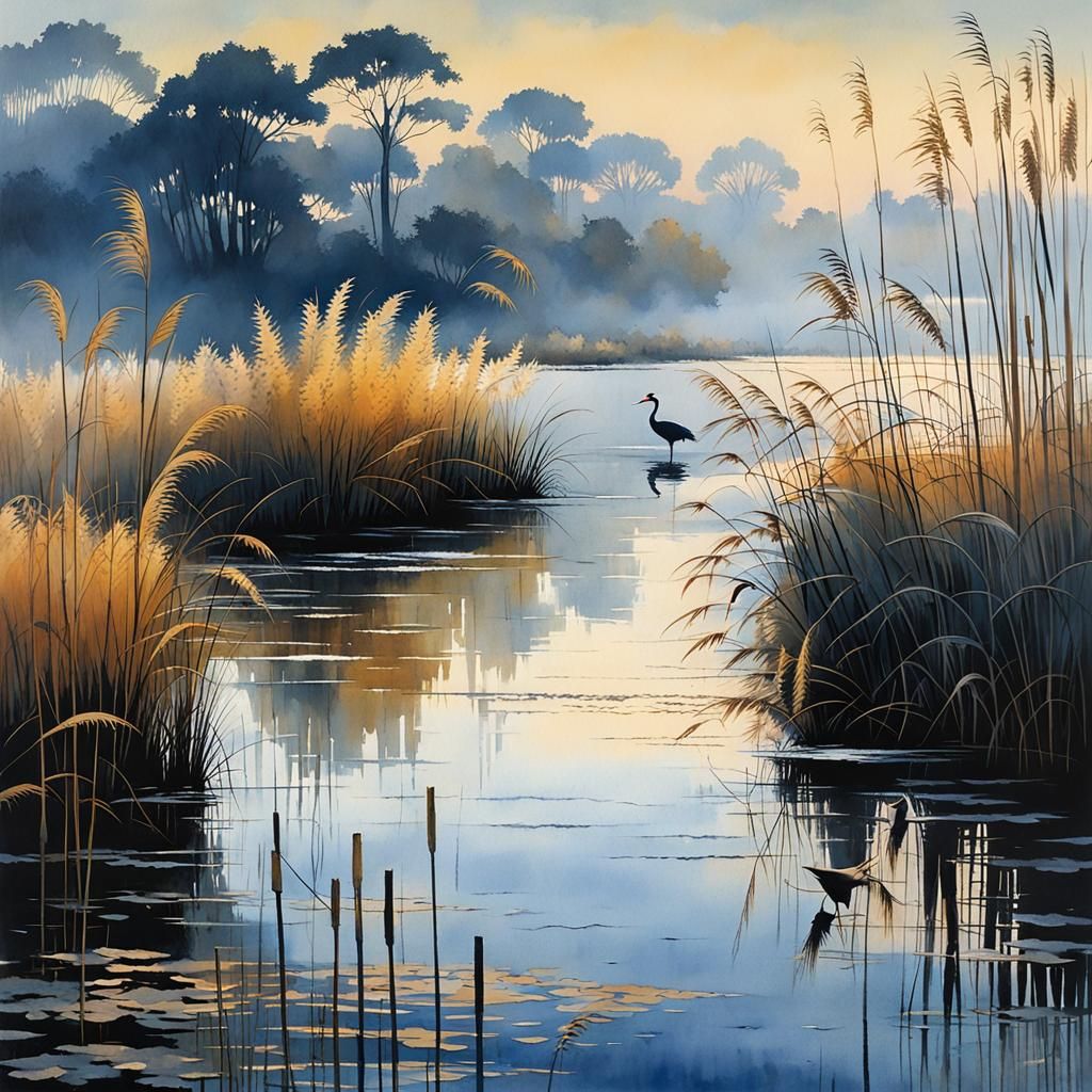 Cranes in Evening Light: Watercolor Painting