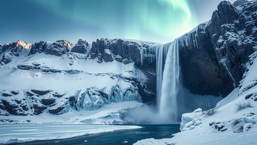 Frozen Arctic Waterfall with Aurora Borealis