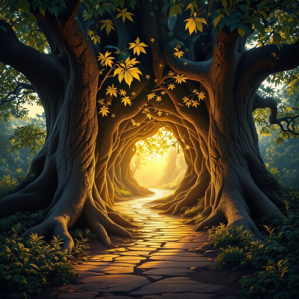 Magical Golden Tree Trunk Corridor