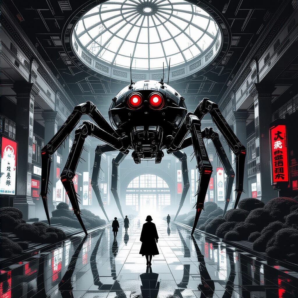 Dieselpunk Spider Robot in Surreal Art Deco Hallway