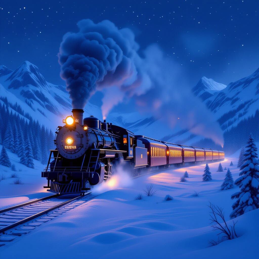 Steam Train on Snowy Mountain Pass in Matte Painting Style