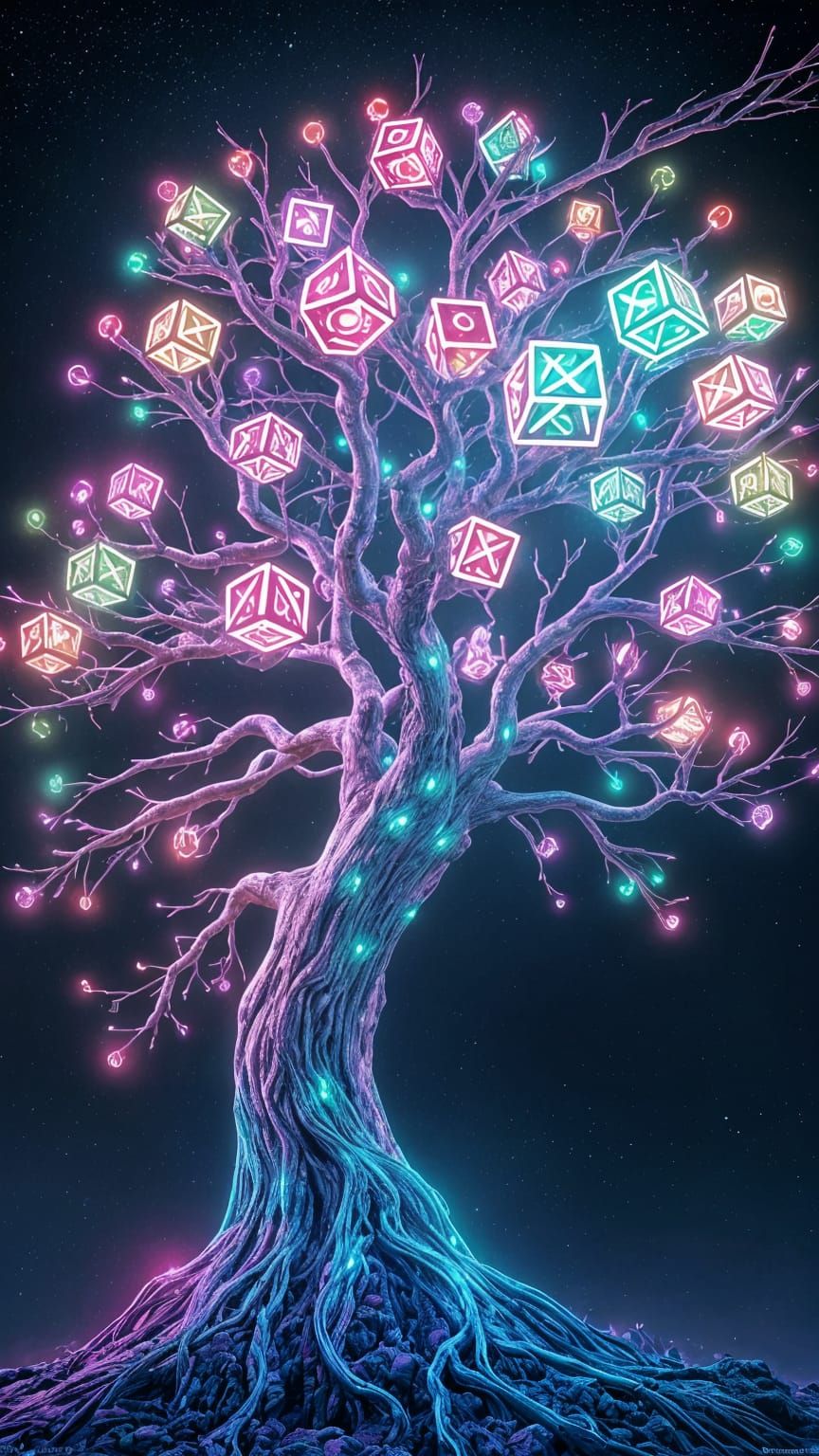 Neon Geometric Tree with Sci-Fi Glow