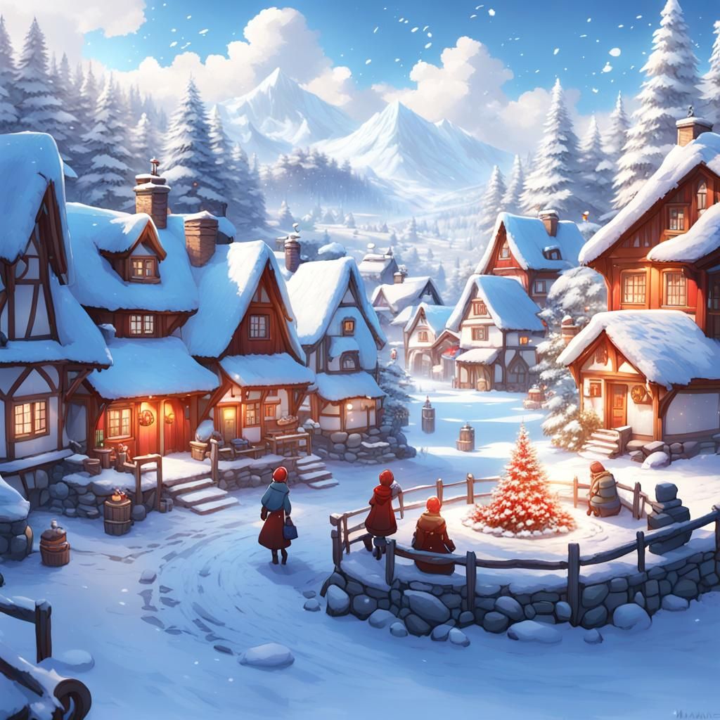 Cozy Winter Village in 3D Anime Style