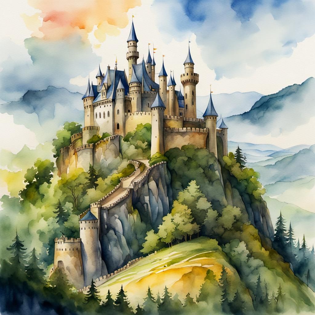 Castle on Hill: Digital Watercolor Illustration