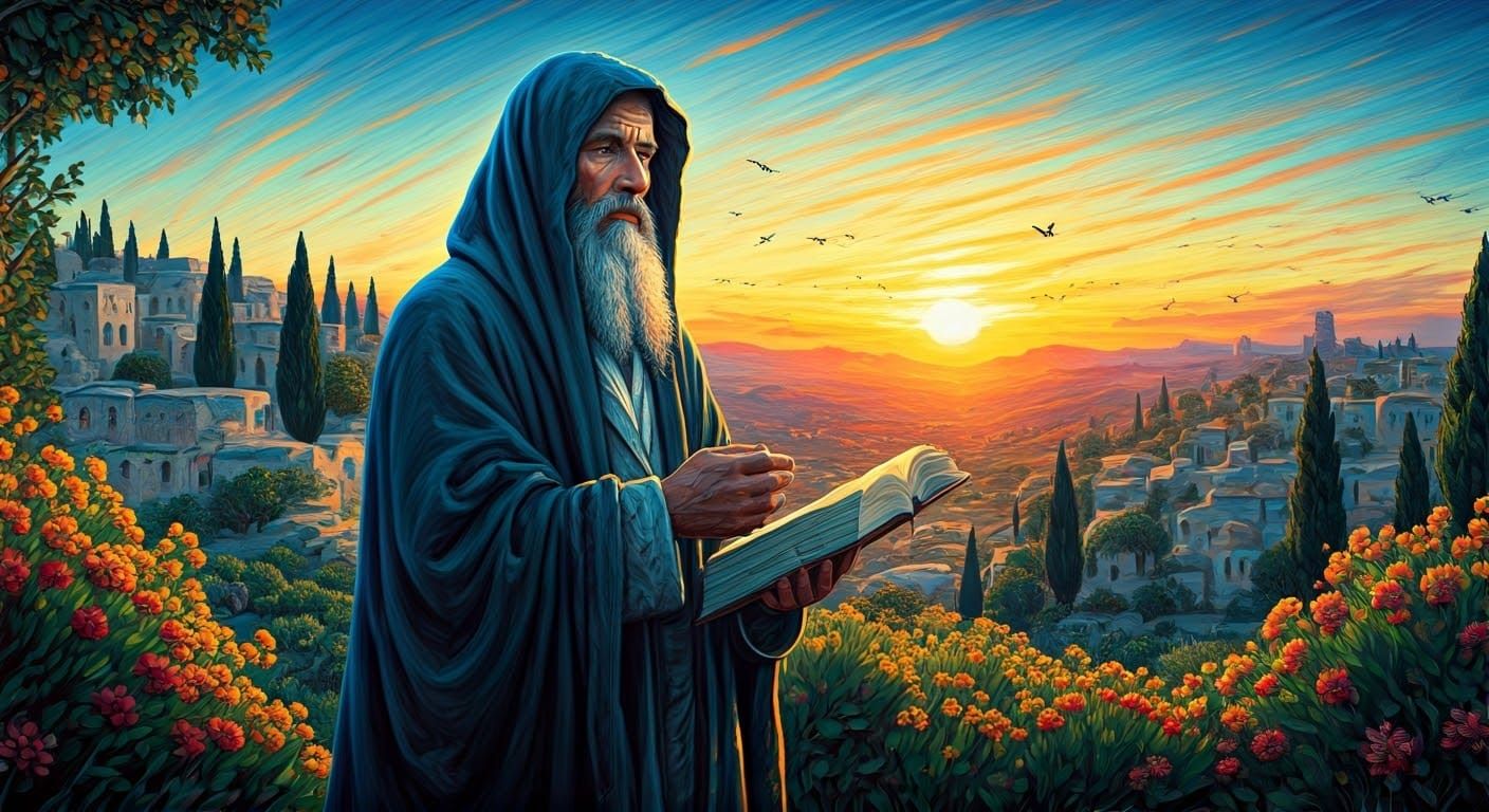 A Van Gogh-Inspired Painting of a Jew Reciting Lecha Dodi at...