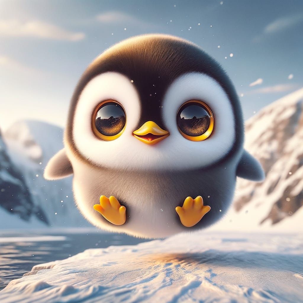 Cute Chibi Penguin Jumps in Arctic Snow