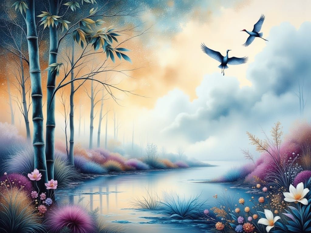Surreal Bamboo Landscape with Cranes in Dreamy Style