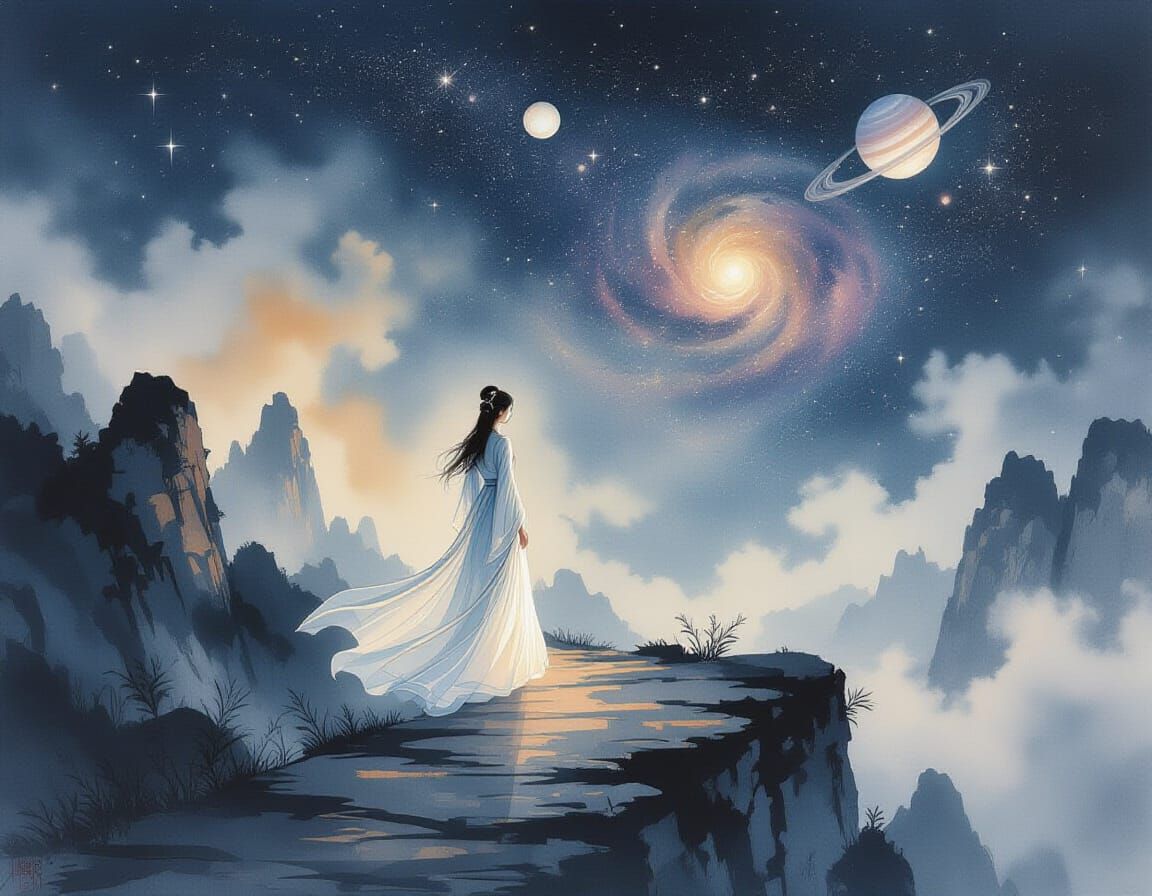 Woman in Spacesuit on Cliffside Path in Chinese Ink Style