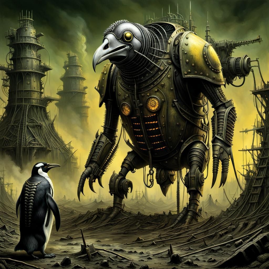 Armored Mechanical Penguin in Wasteland, Gustave Doré Style