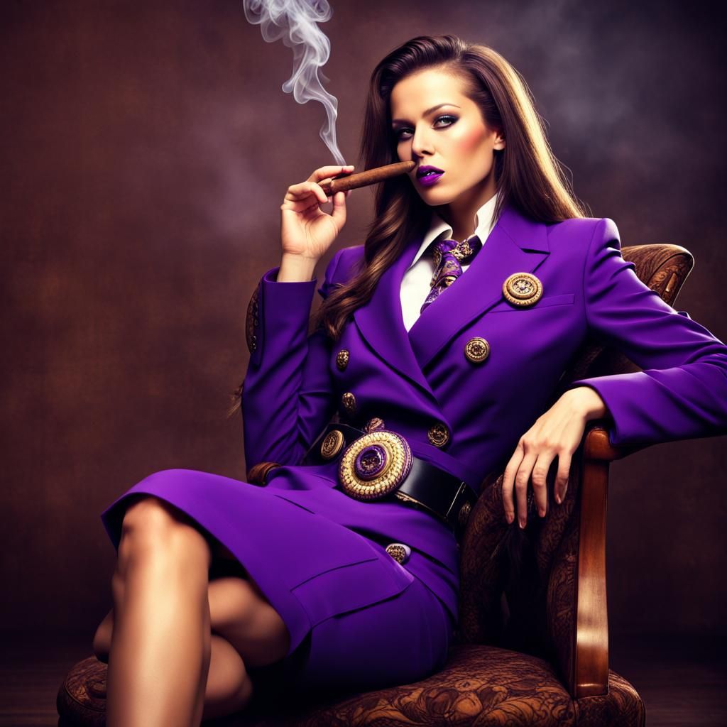 Woman in Purple Suit Smoking Cigar