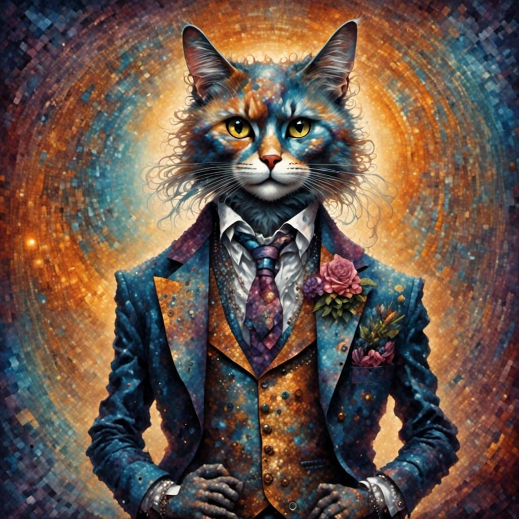 Cyborg Cat in Suit as Vintage Oil Painting