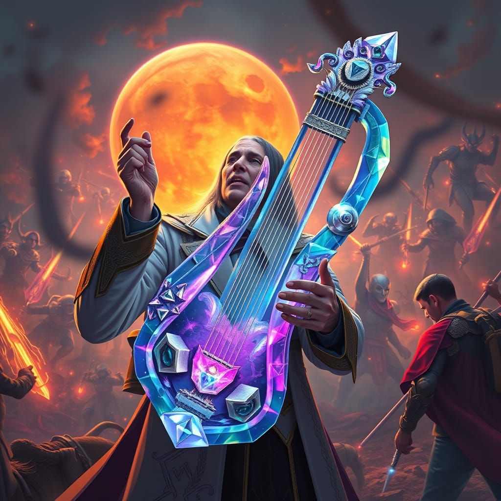 Crystalline Lyre on Battlefield in Mystical Realism