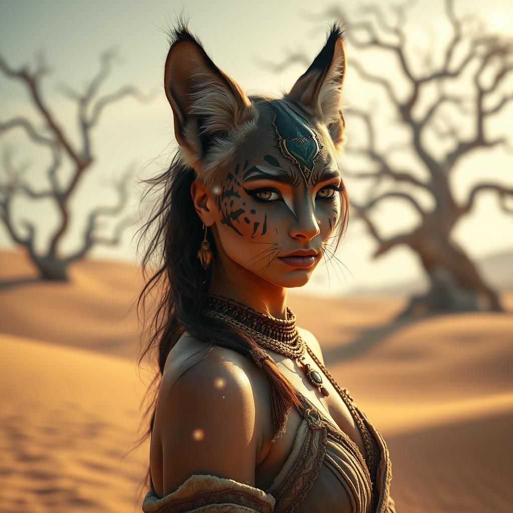 Mystical Feline Woman in Desert Landscape