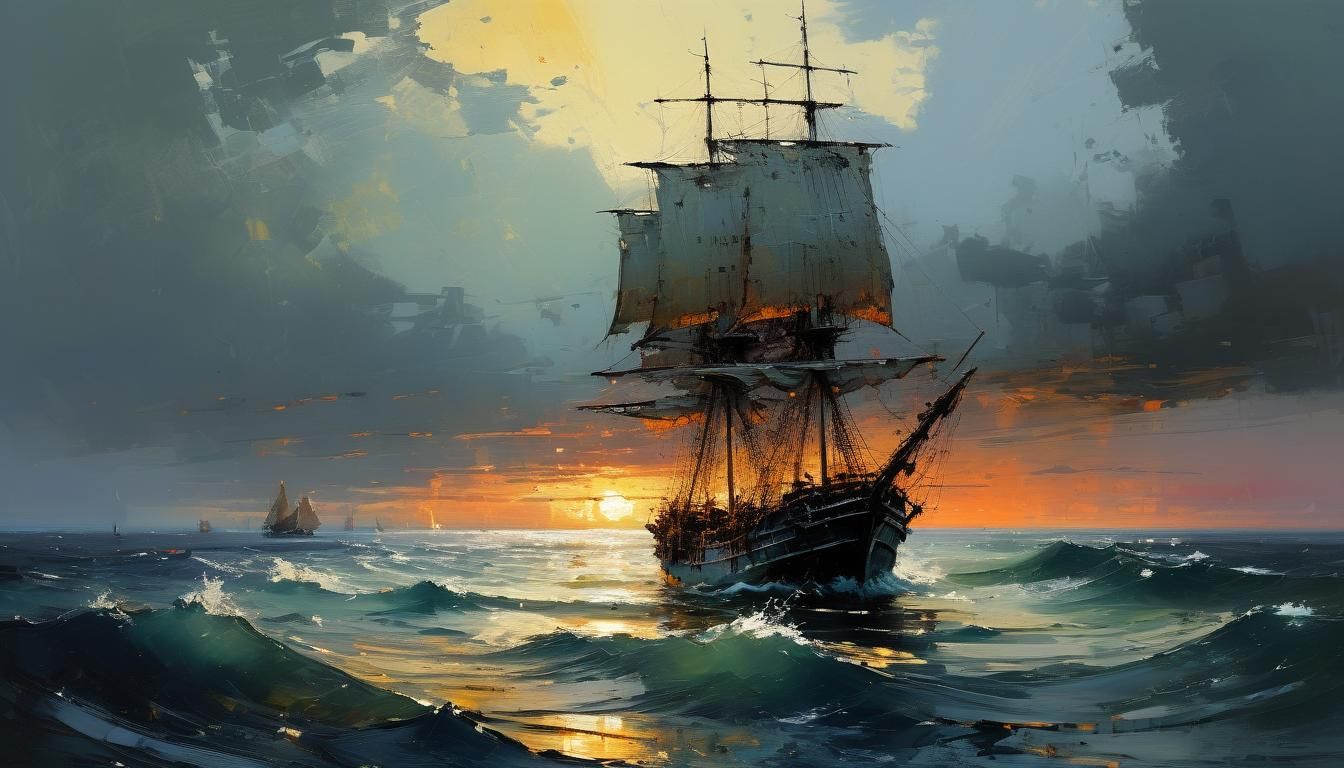 Tiny Ship on Endless Sea: Historic Painting