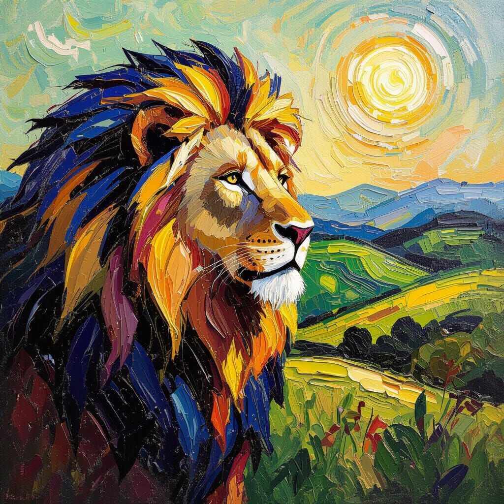 Textured Oil Paint Lion in Whimsical Landscape