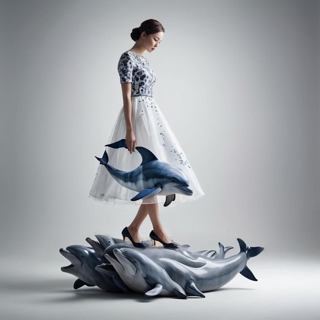 Woman in Dolphin Dress, Hyper-Realistic Commercial Photo