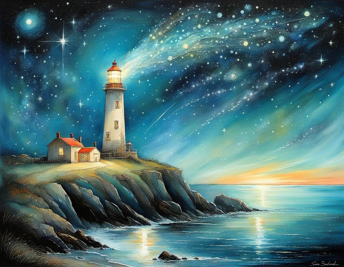 Lighthouse at Night with Starry Sky