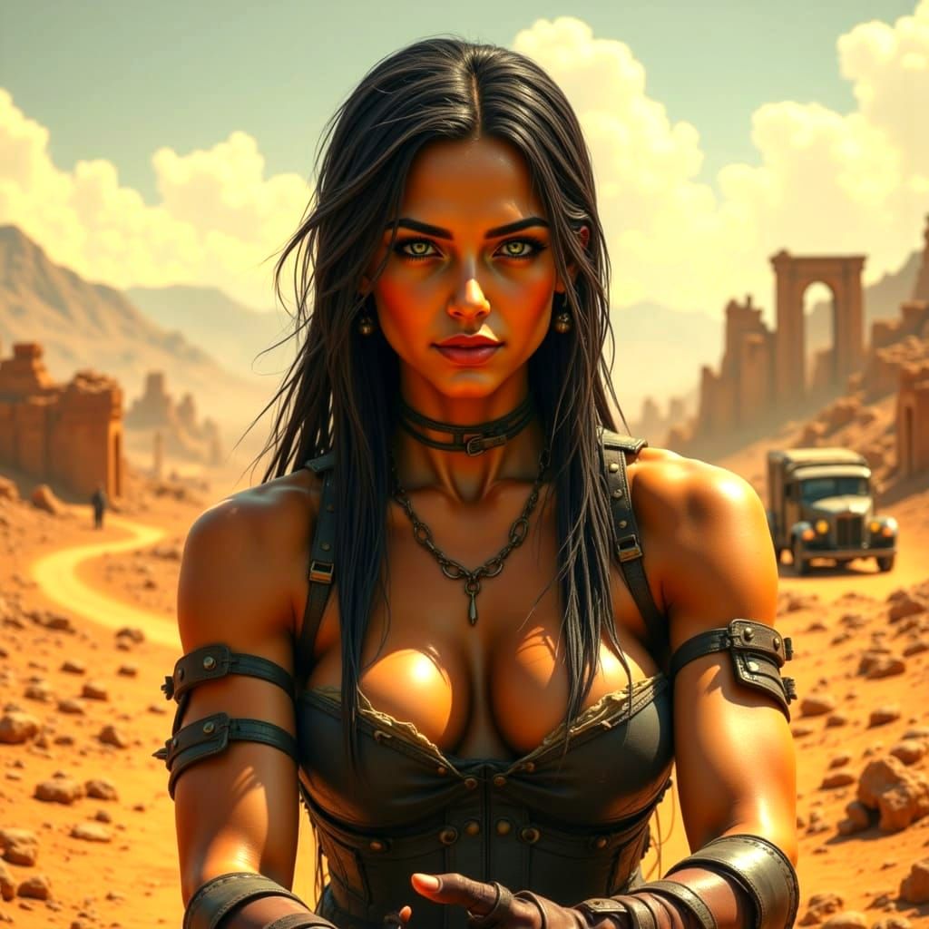 Muscular Mad Max Woman in Post-Apocalyptic Wasteland