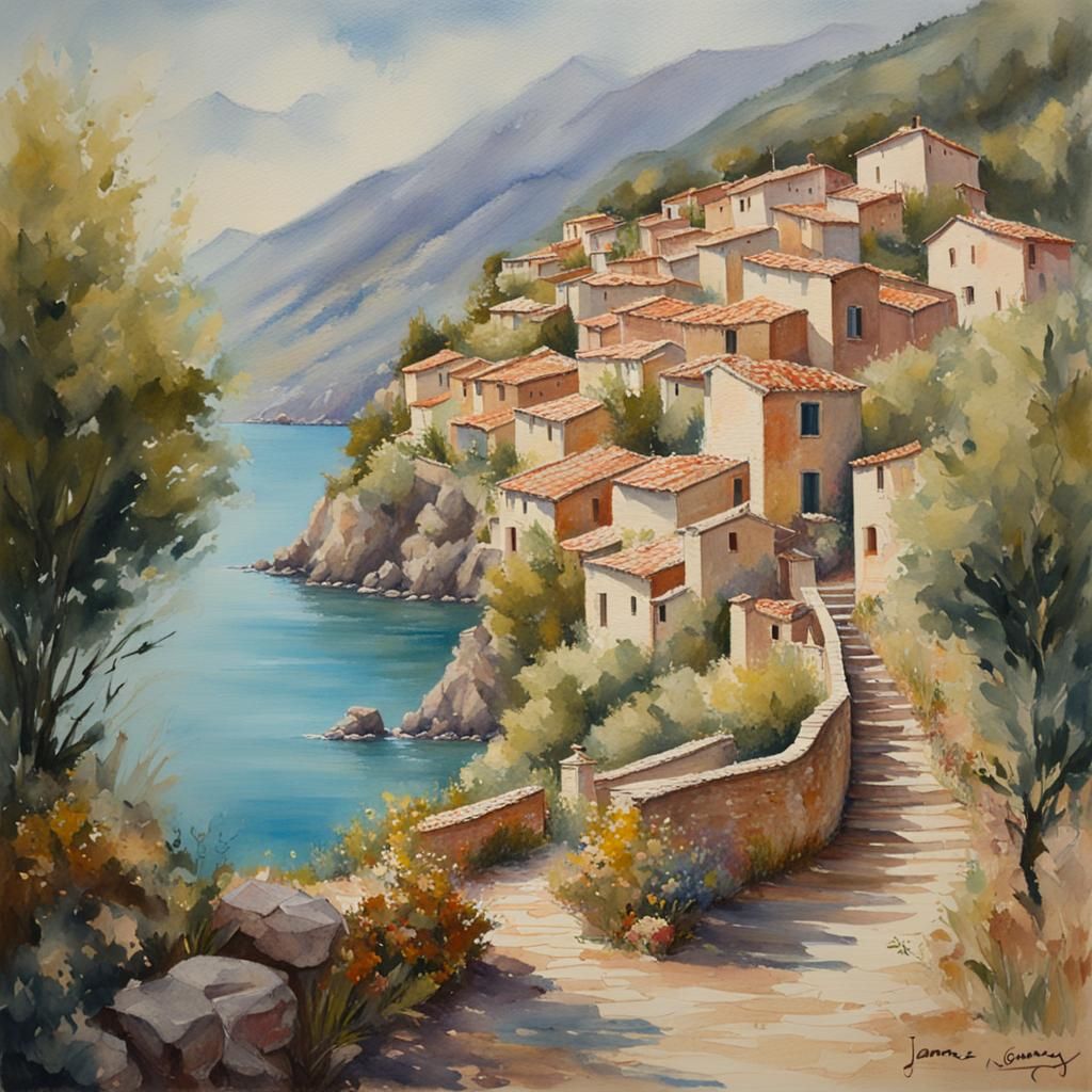 Pastel Watercolor of a Lost Italian Village
