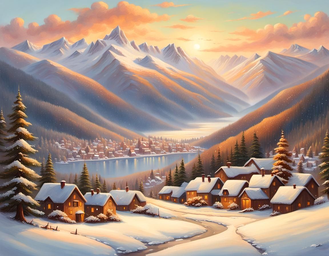 Snowy Mountain Town: Oil Painting in Golden Light