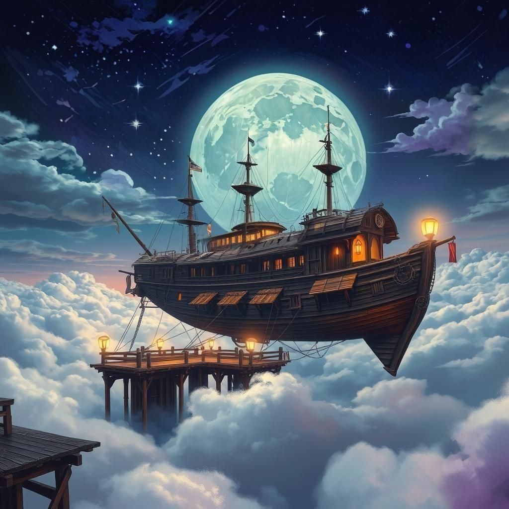 Fantasy Airship Moored in a Moonlit Sky