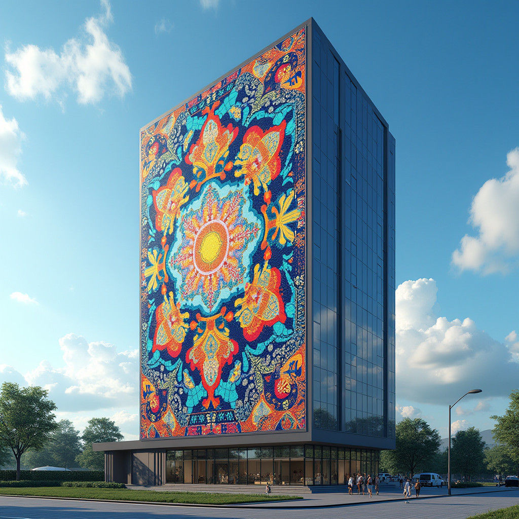 Uzbekistan-Style Mosaic on Modern High-Rise, 8K