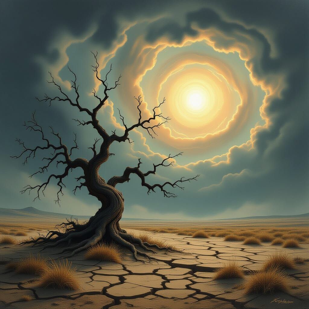 Ancient Gnarled Tree on Desolate Plain at Twilight