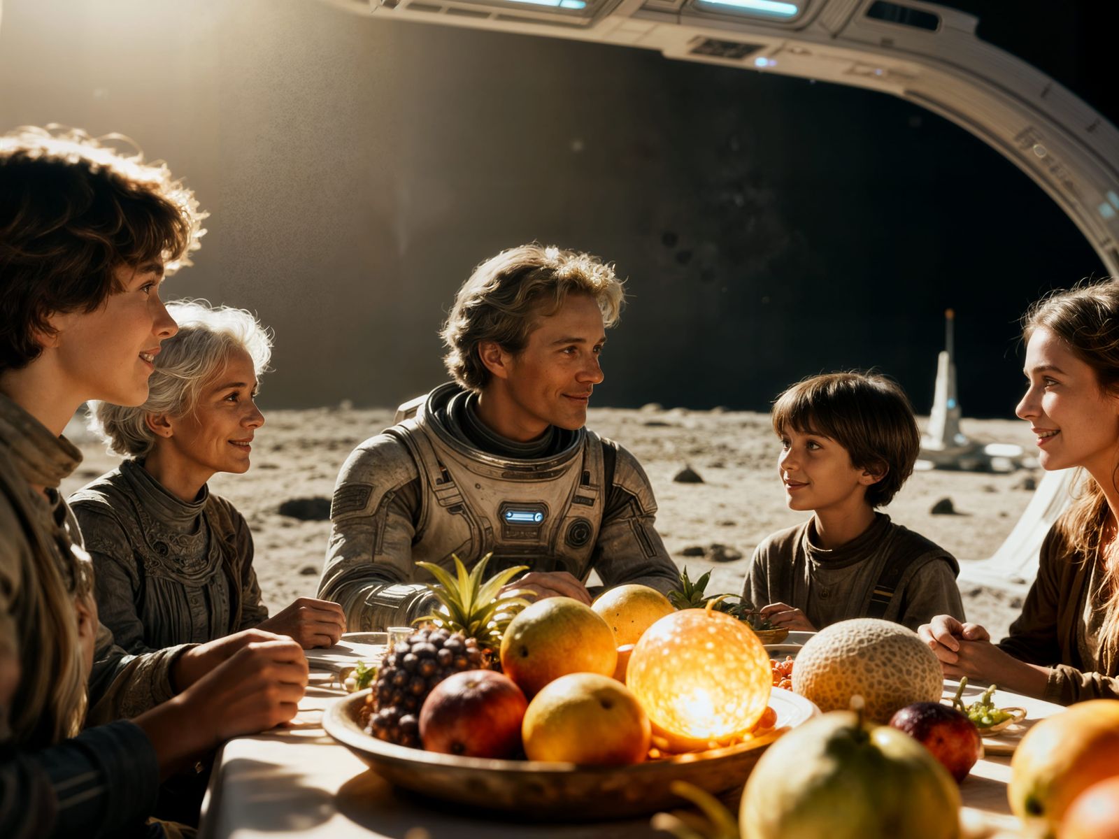 Future Family Reunion on Moon Base in Vintage Style