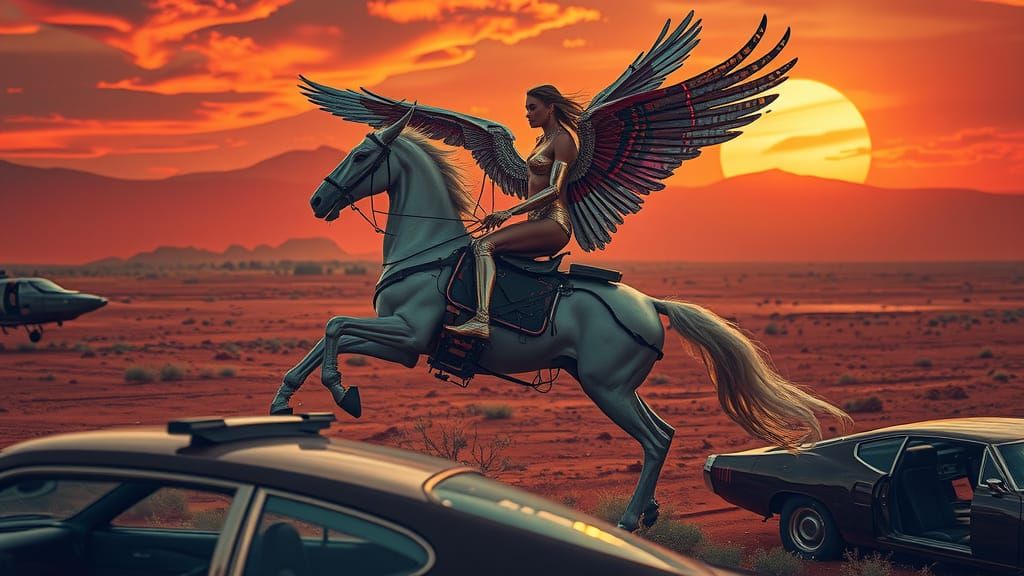 Cyborg Woman Rides Pegasus on Mars in Surreal Style