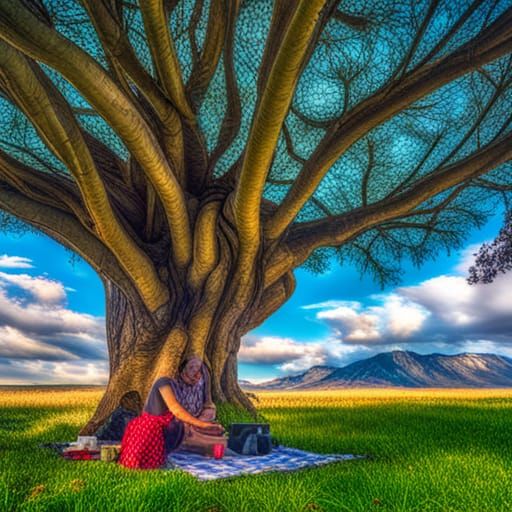 Picturesque Picnic Under Cherry Tree in HDR