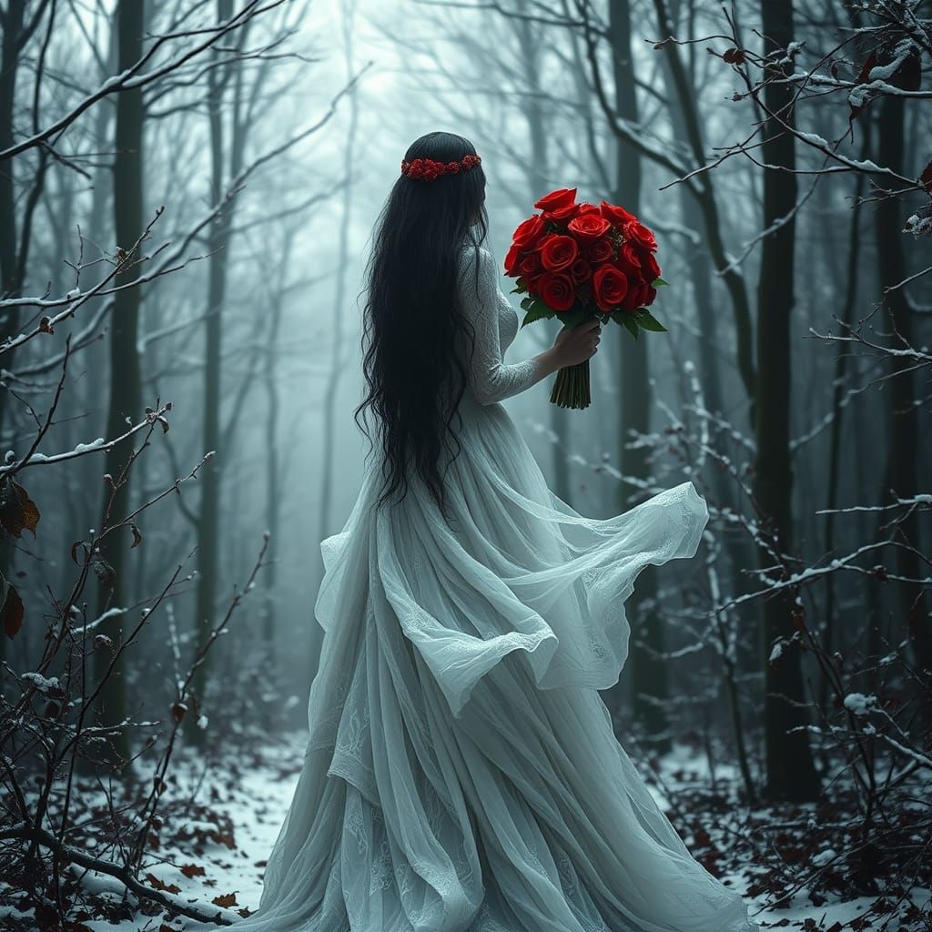 Mysterious Bride in Snowy Forest, Dark and Foreboding