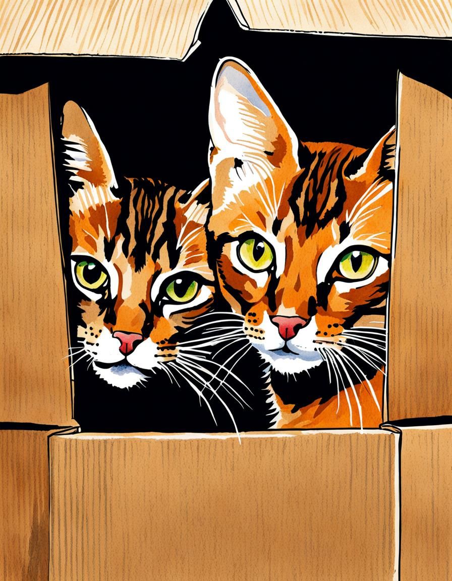 Abyssinian Cats in Box: Expressive Sumi-e Line Art