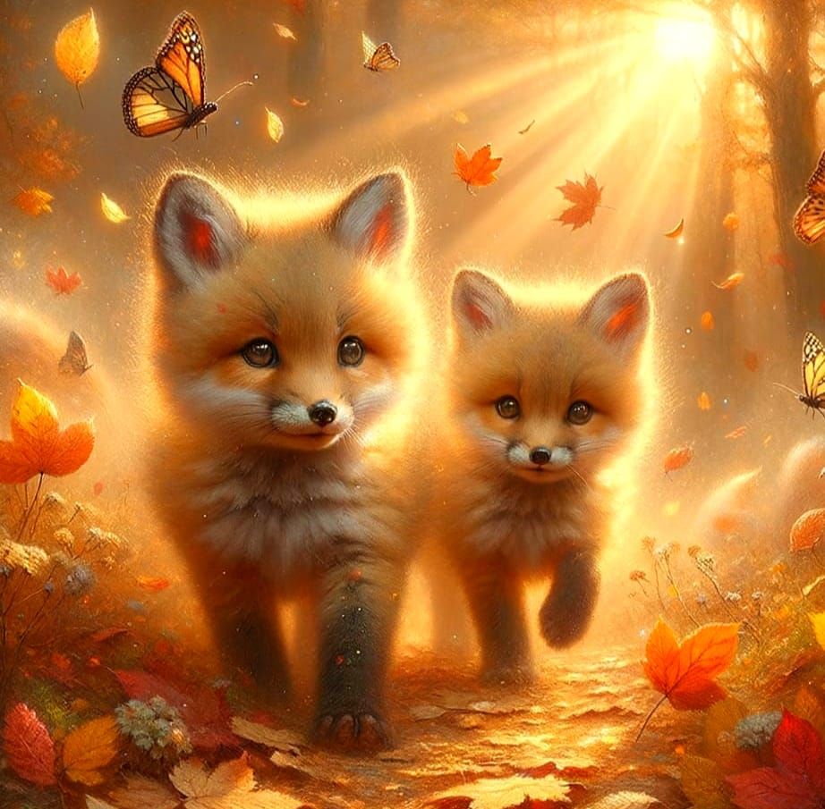 Fox Cubs in Autumnal Forest, as Impasto Painting