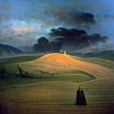 Dark Hill in Field, Romantic Landscape