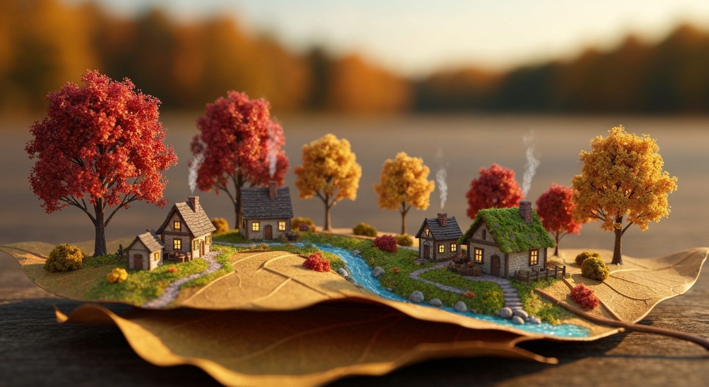 Cozy Autumn Village Diorama on a Leaf
