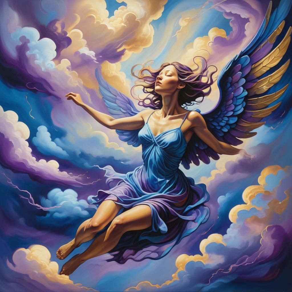 Ethereal Winged Figure in Surrealist Sky