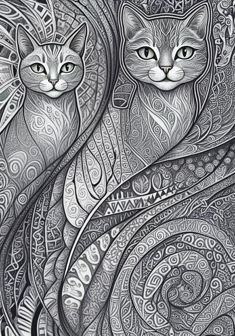 Abstract Cats in Black and White Doodle Art