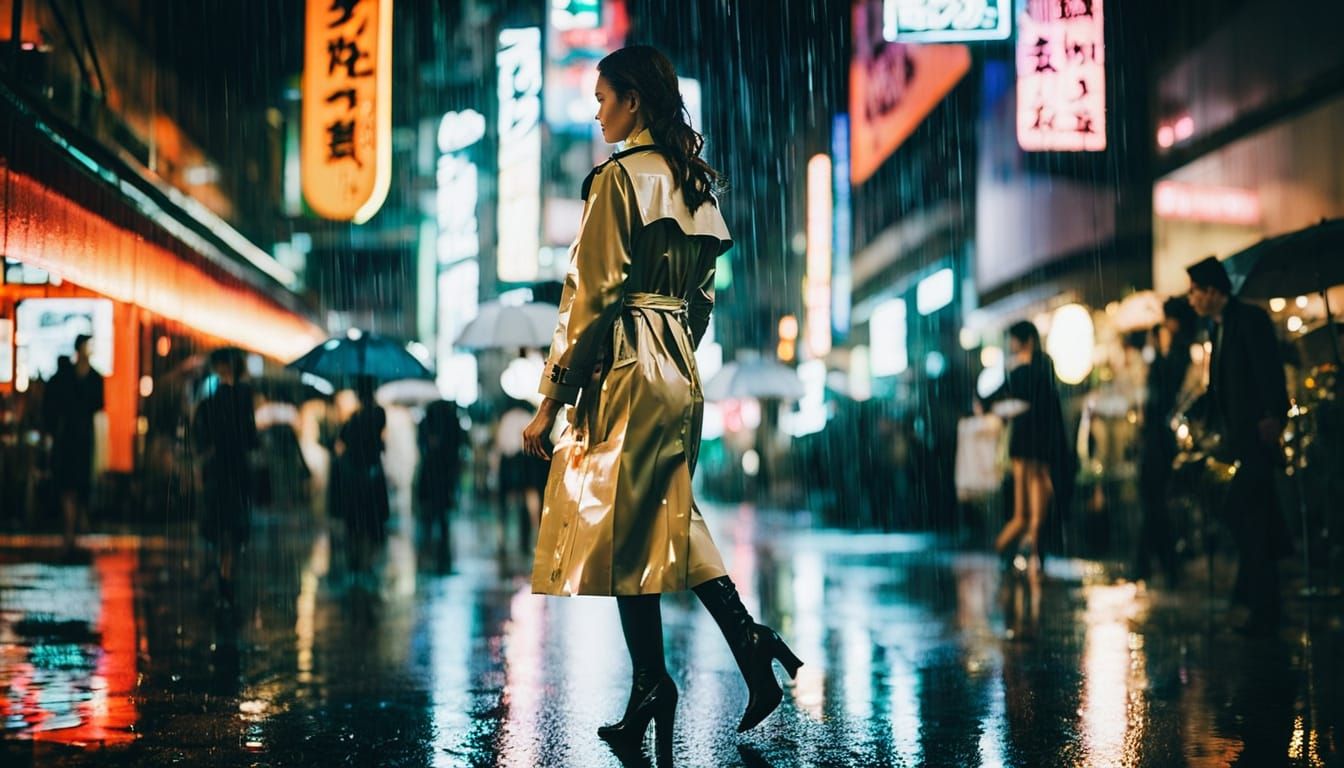 Stylish Woman in Vinyl Trench Coat, Tokyo Night