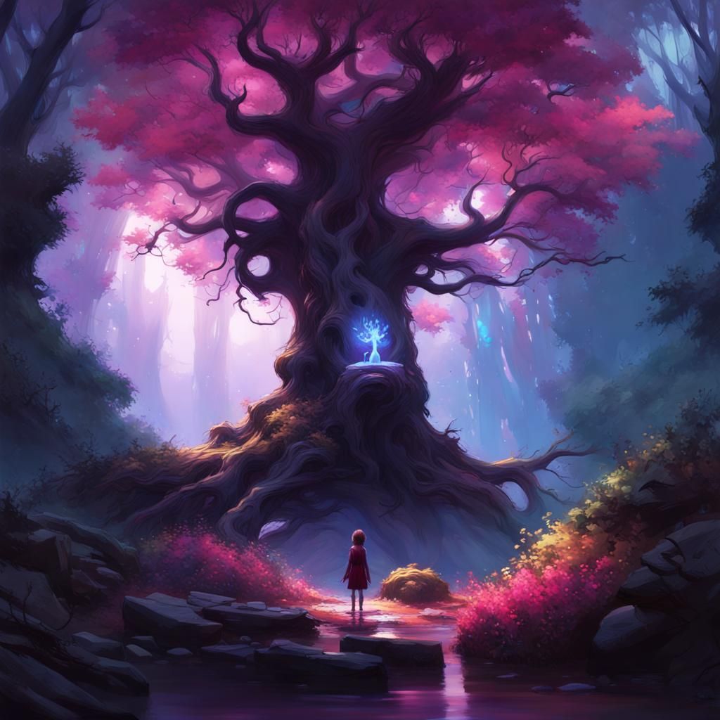 Spirit Tree in Starry Forest: Digital Art
