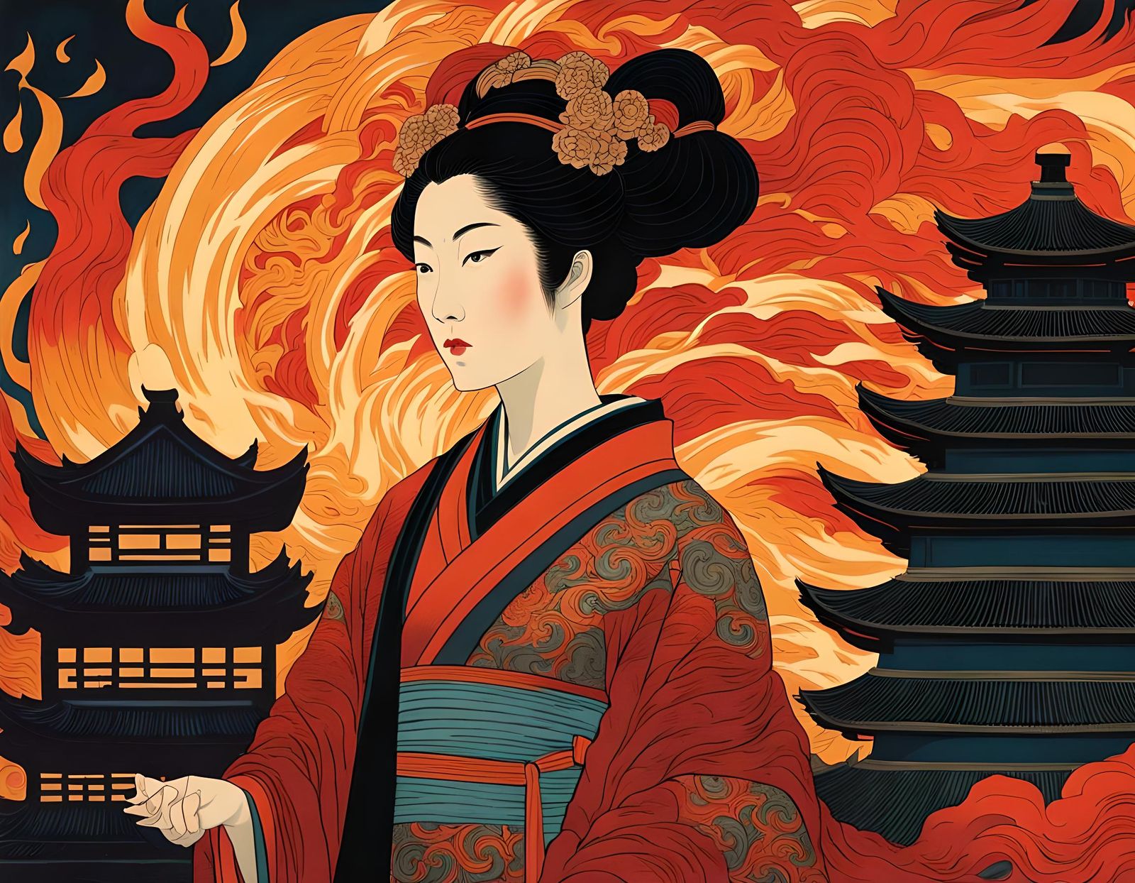 Goddess of Fire: Art Nouveau Ukiyo-e Portrait