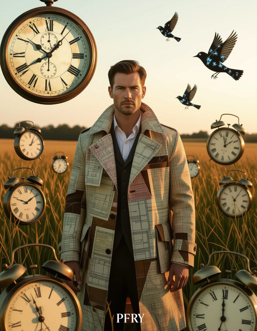 Man in Field of Broken Clocks with Map Coat
