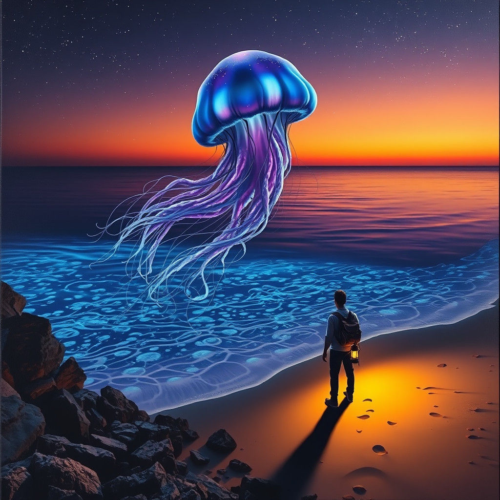 Ethereal Jellyfish over Bioluminescent Shoreline, Surreal Oi...