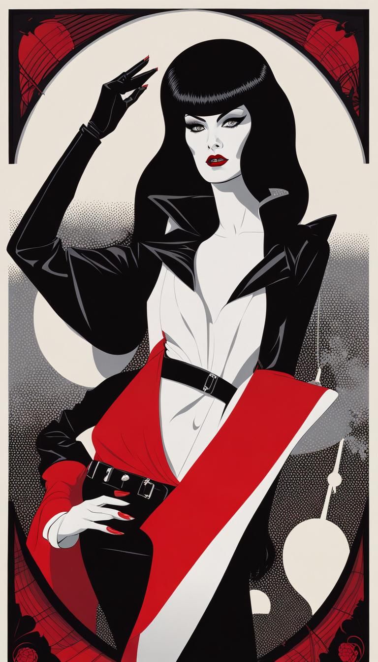 Elvira in Black, White, and Red, 80s Style