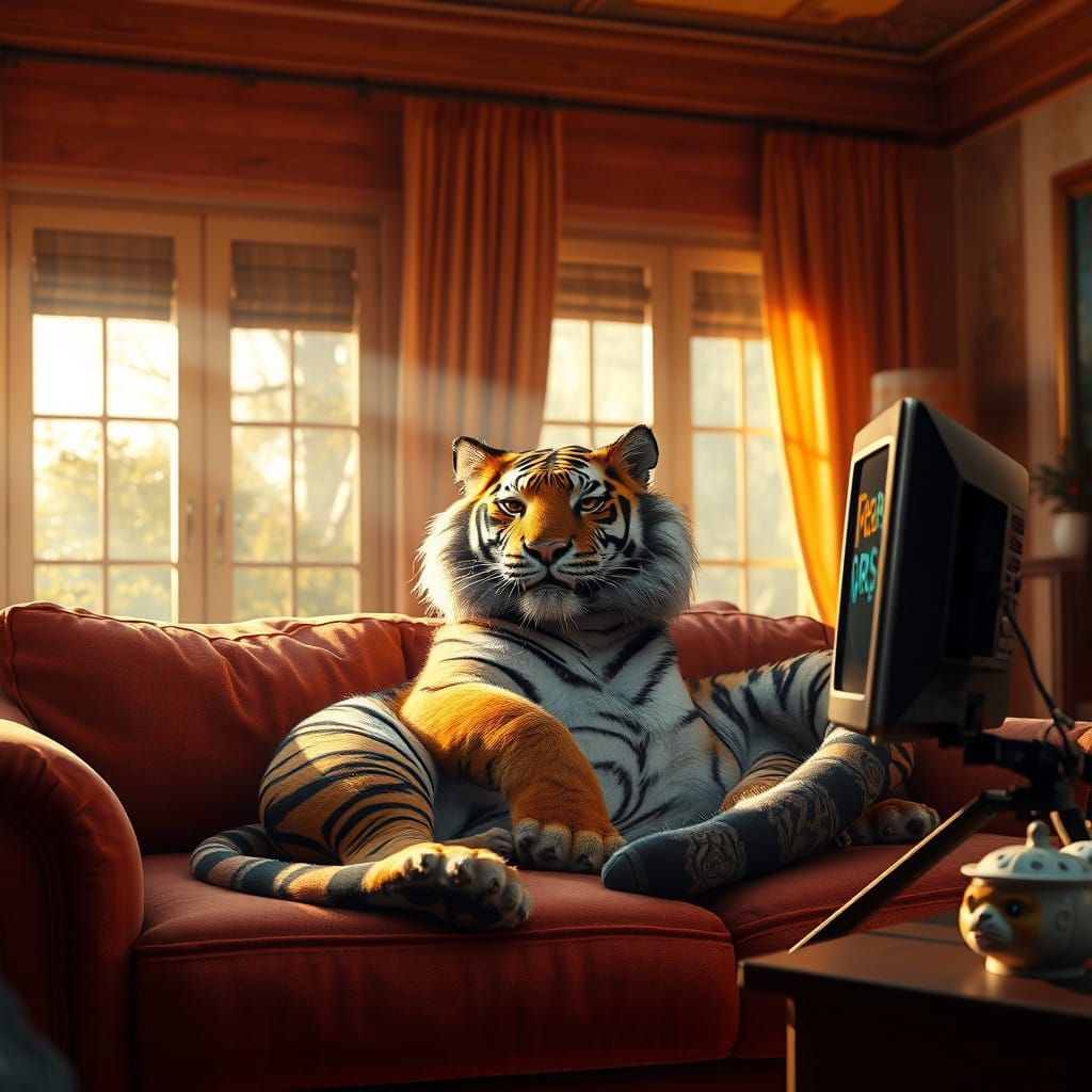 Majestic Tiger Watches TV in Sunlit Fantasy World